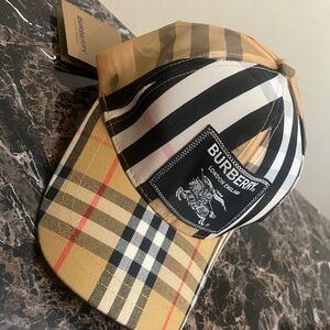 Burberry Black and Tan Checkered Hat with Striped Detail